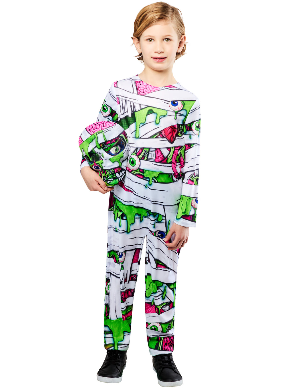 Child wearing the Pop Art Mummy jumpsuit with the bandage-print snood pulled off the face