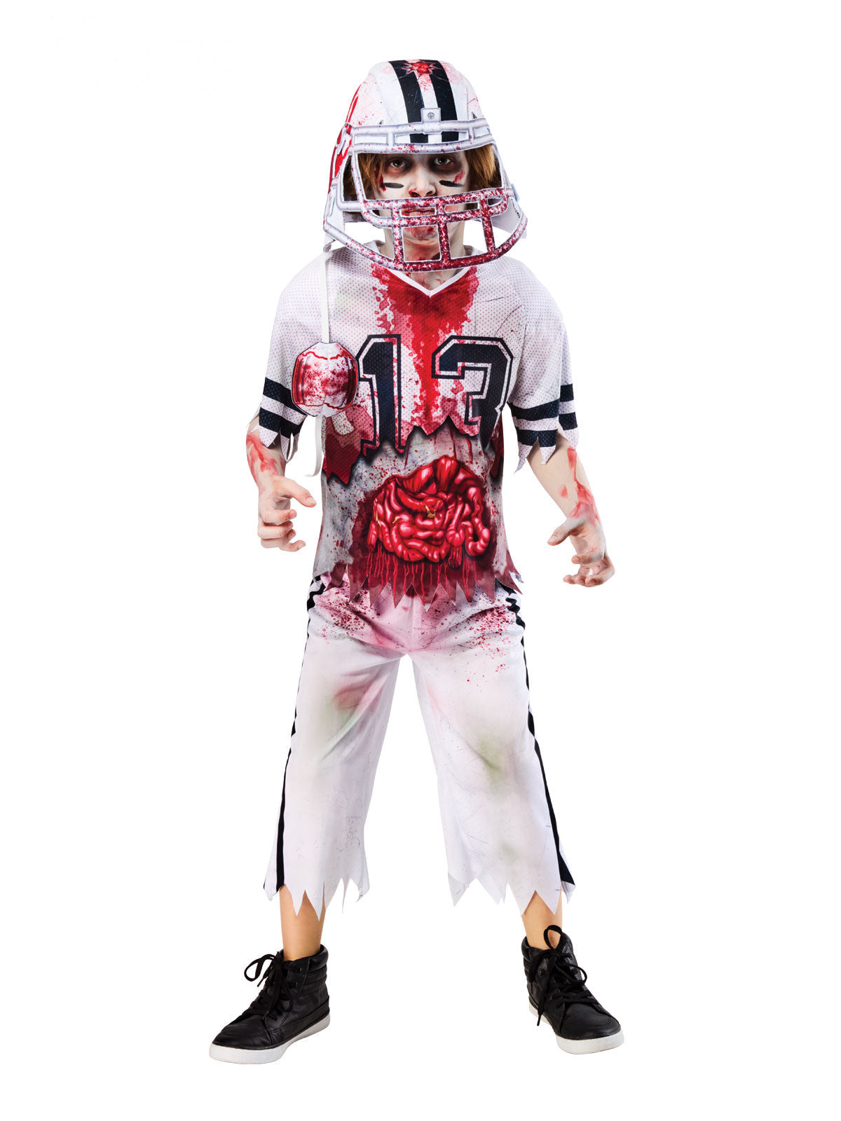 Boy in the Zombie American Football Player costume with blood-splattered white top, torn pants and helmet