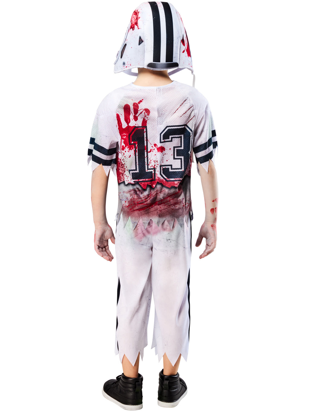 Back view of the Zombie American Football Player costume with bloody handprint and number 13 on the top