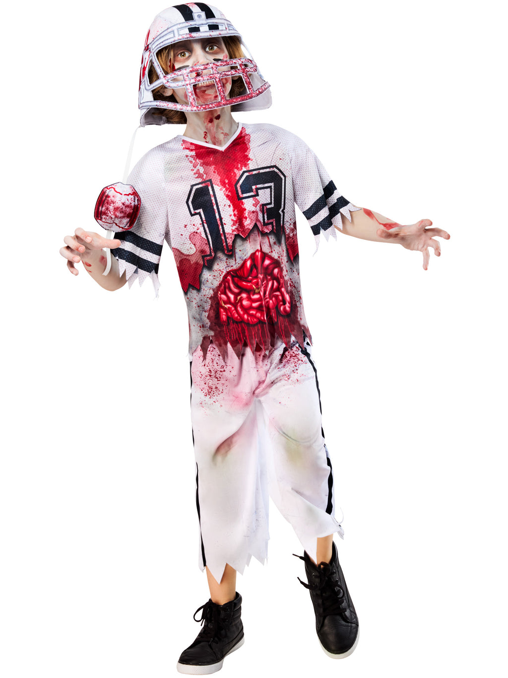 Boy reaching forward in the Zombie American Football Player costume with printed gizzards on the top