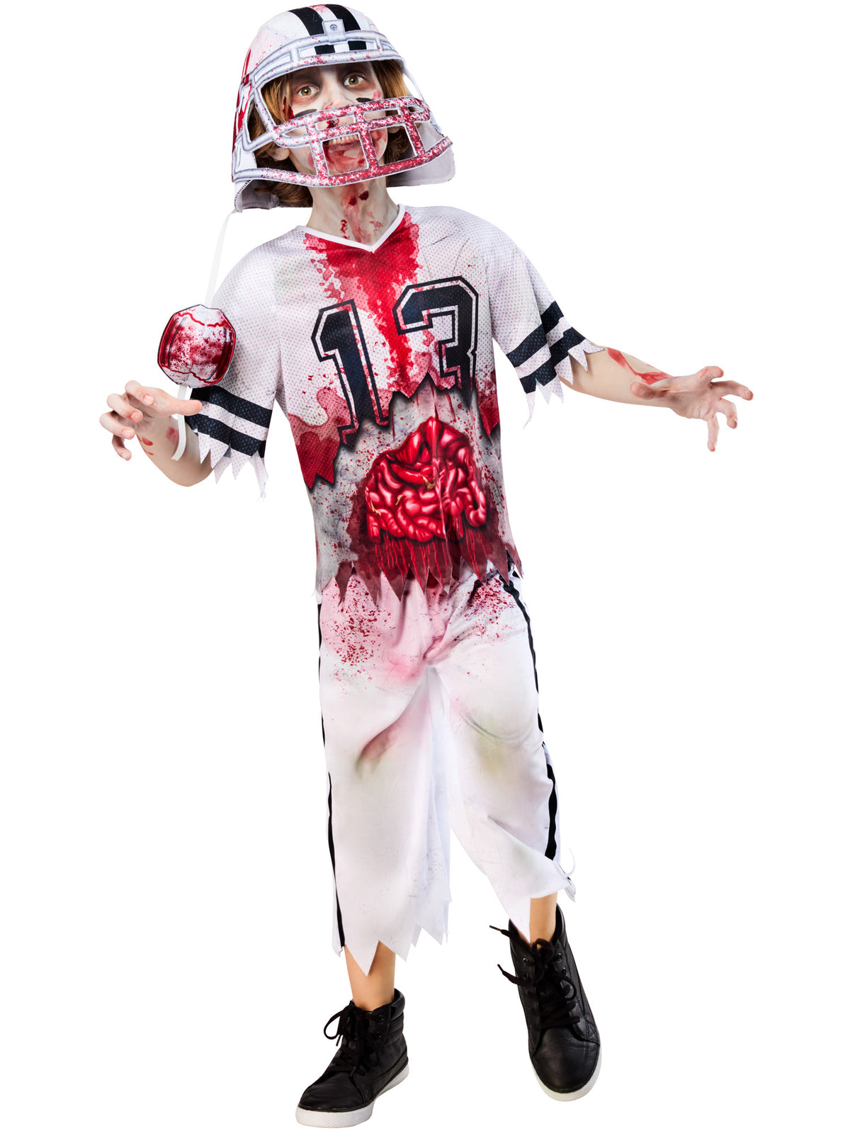 Boy reaching forward in the Zombie American Football Player costume with printed gizzards on the top
