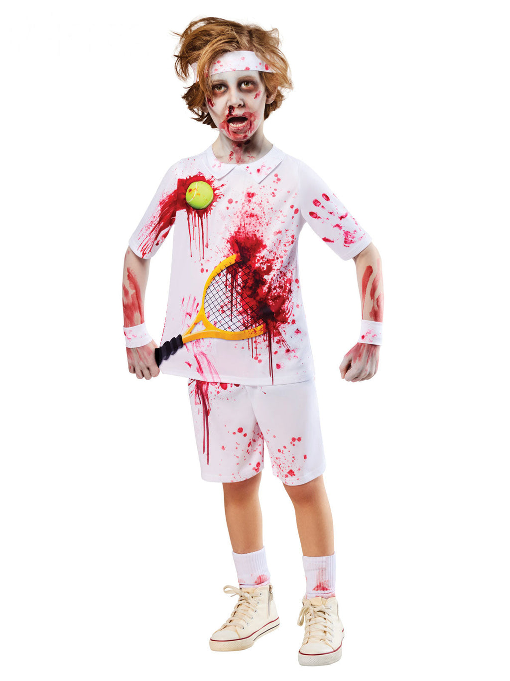 Boy in the Zombie Rotter Federer costume with white tennis top, blood splatter and headband