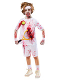 Boy in the Zombie Rotter Federer costume with white tennis top, blood splatter and headband