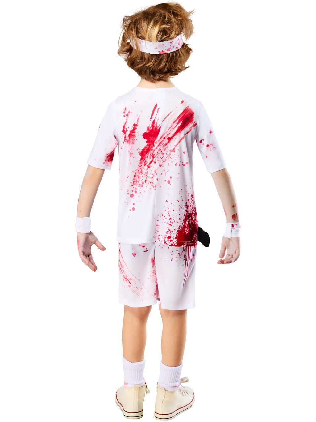 Back view of the Zombie Rotter Federer costume with blood splatter and bloodied sweat band