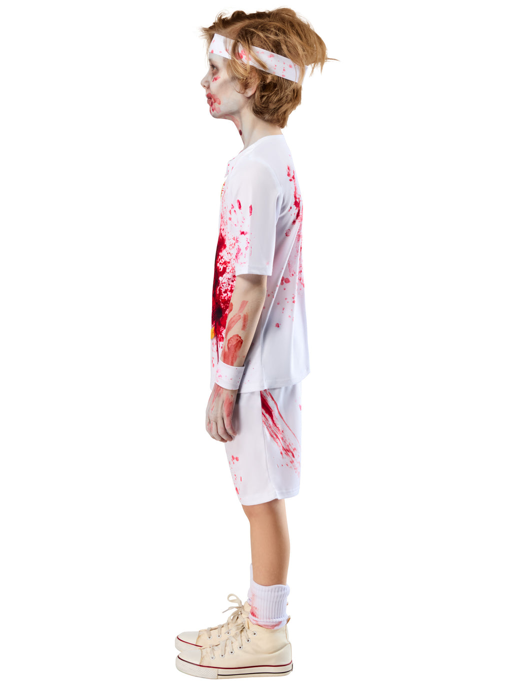Side view of a boy in the Zombie Rotter Federer tennis top and shorts with blood smears