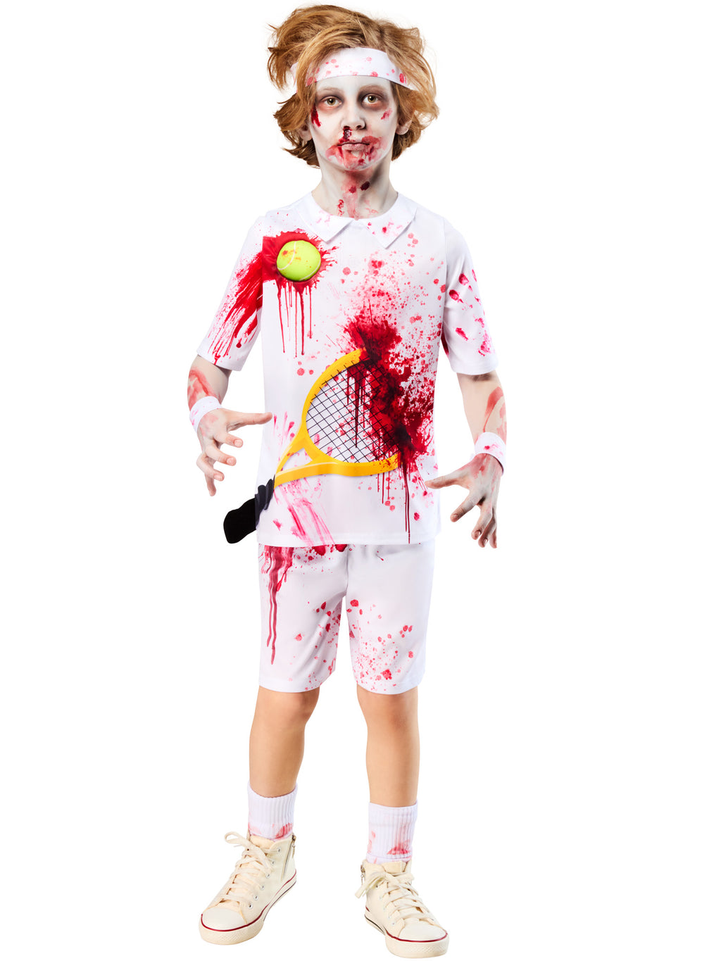 Boy in the Zombie Rotter Federer tennis outfit with a bloodied tennis ball on the chest and racquet in the stomach