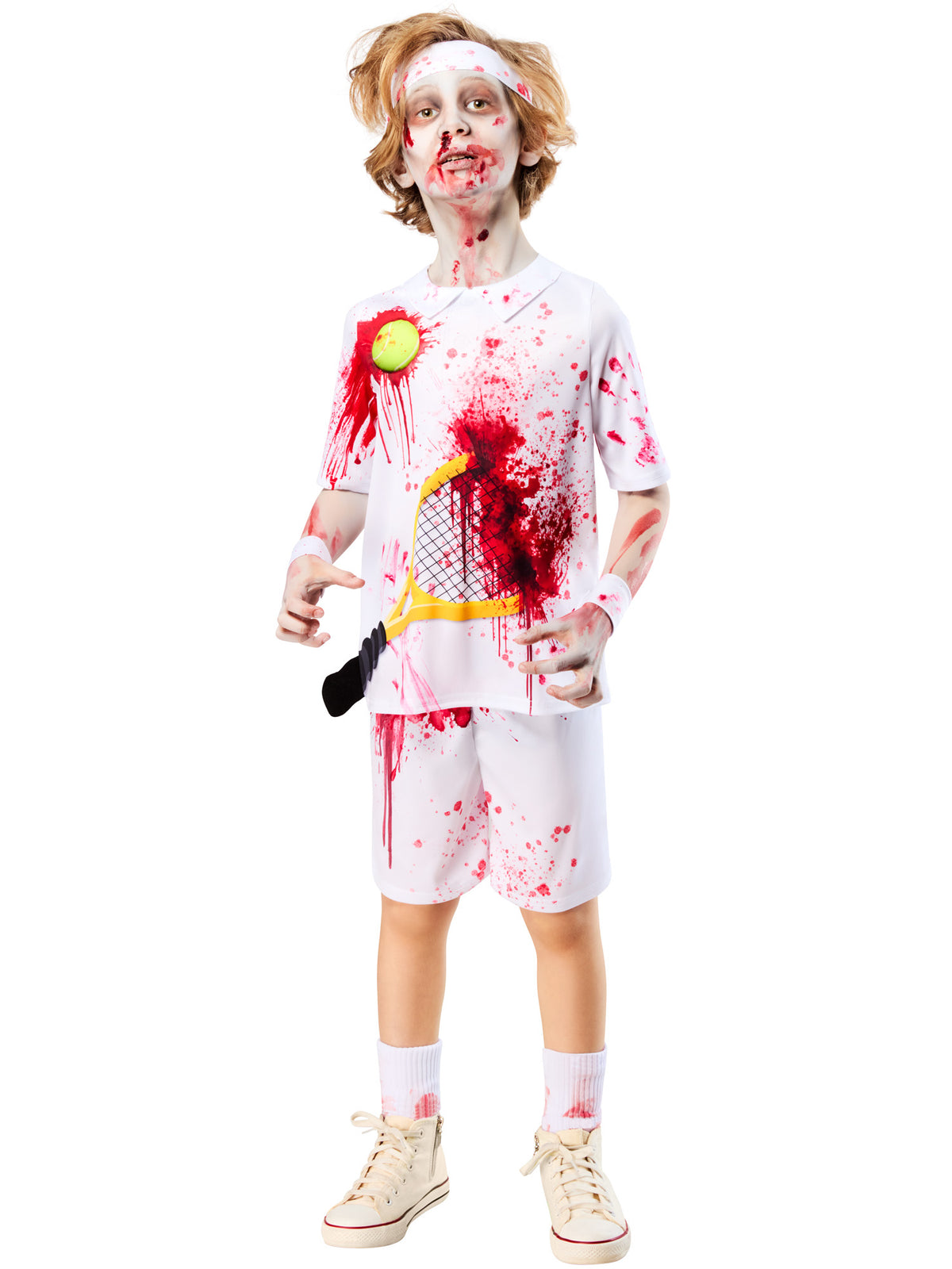 Front view of a boy in the Zombie Rotter Federer costume with bloodied sweat bands and shorts