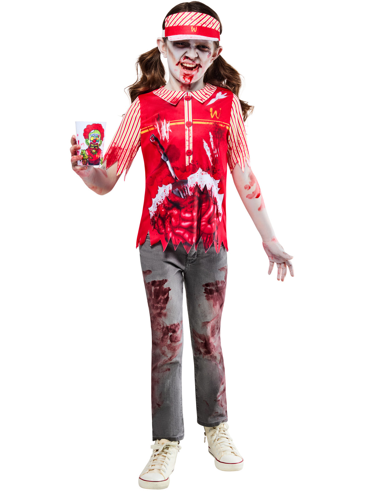 Child holding the Zombie Burger Worker cup holder while wearing the bloodied red top and visor