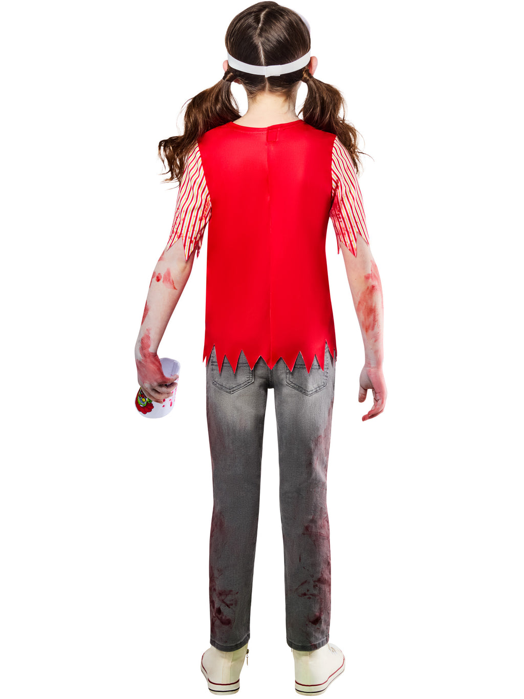 Back view of a child in the Zombie Burger Worker costume, red top with tattered hem and visor