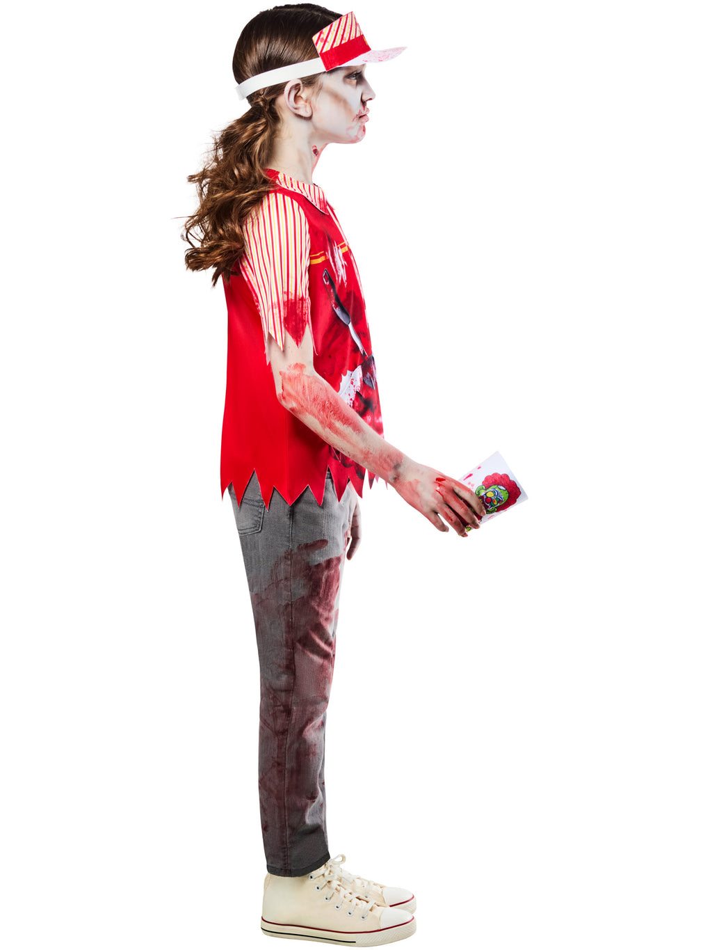 Side view of a child in the Zombie Burger Worker costume with blood-splattered visor