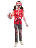 Child in the Zombie Burger Worker costume with red top, blood splatter, tattered sleeves and visor