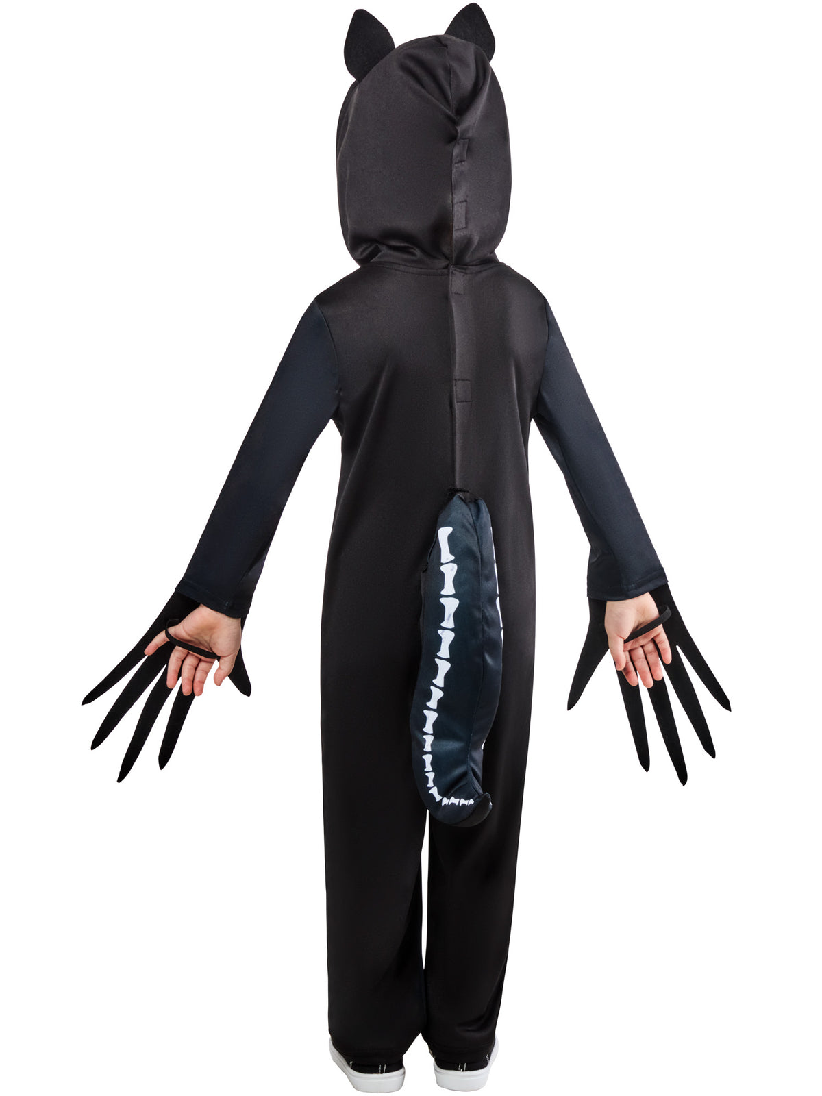 Back view of the black werewolf skeleton jumpsuit with pointed ears on the hood