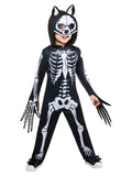Child in the black werewolf skeleton jumpsuit with printed bones, a hooded head and long claws