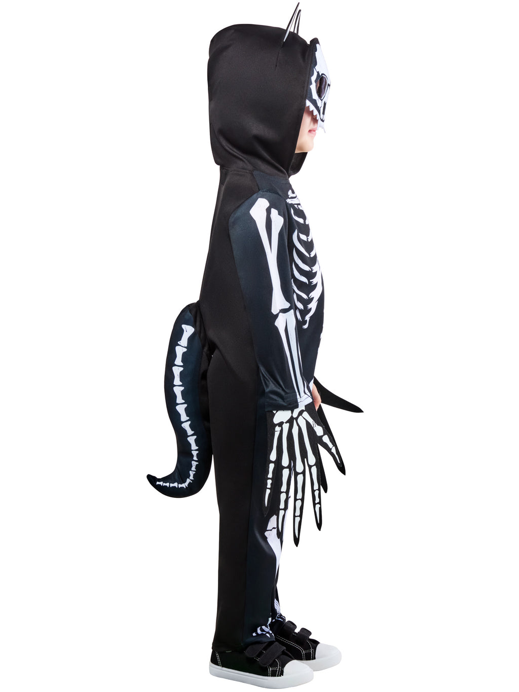 Side view of the werewolf skeleton costume with 3D ears and a bone print down the arm