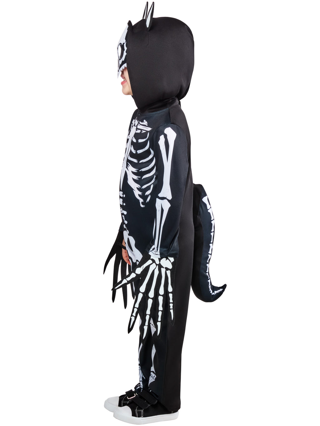 Side view of the werewolf skeleton jumpsuit showing the bone print and claws