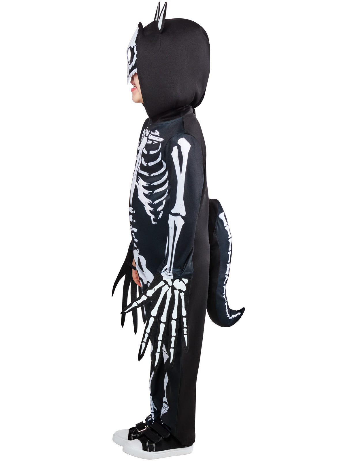 Side view of the werewolf skeleton jumpsuit showing the bone print and claws