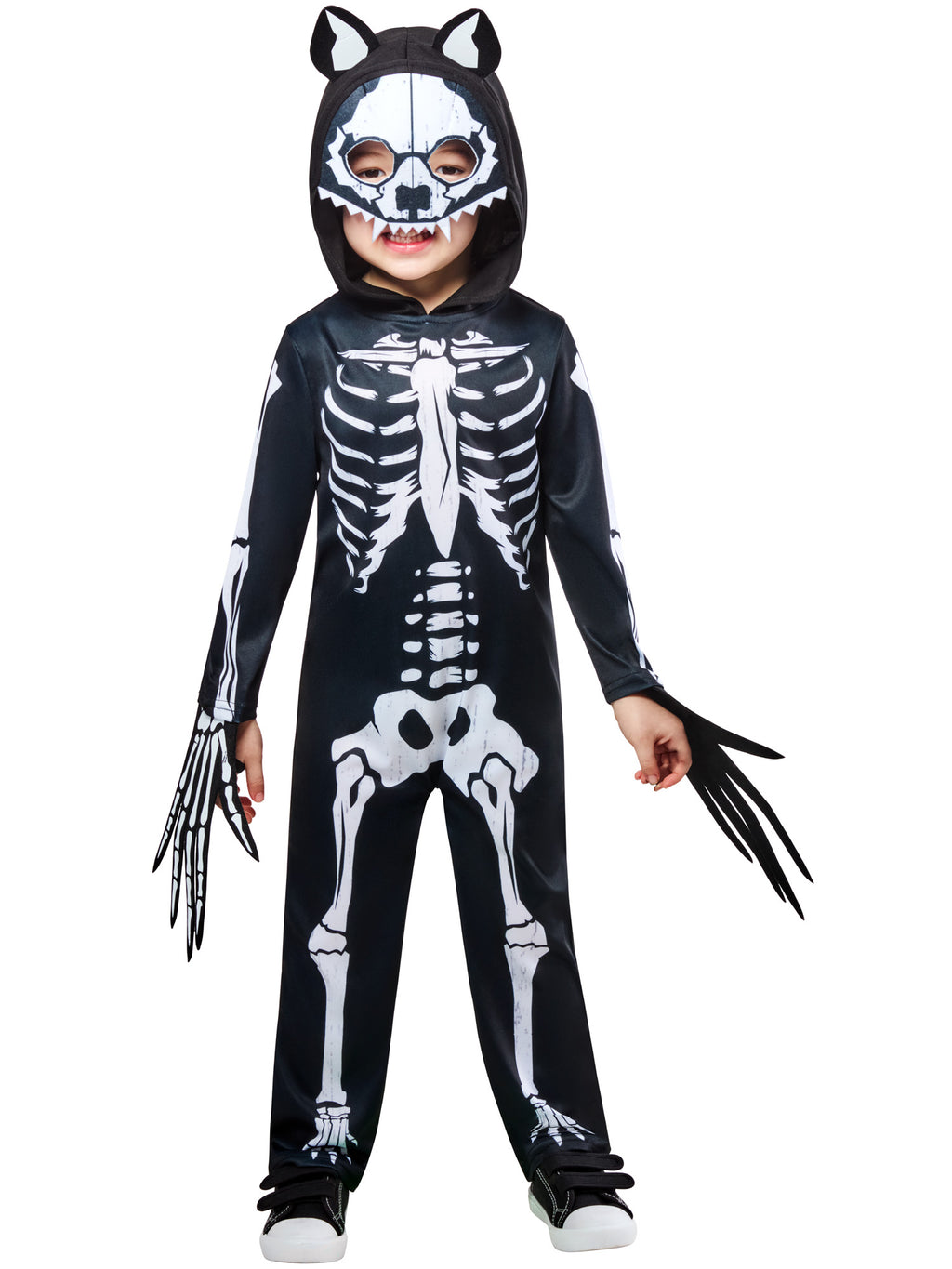 Front view of the werewolf skeleton costume with a skull-faced hood and felt claw gloves