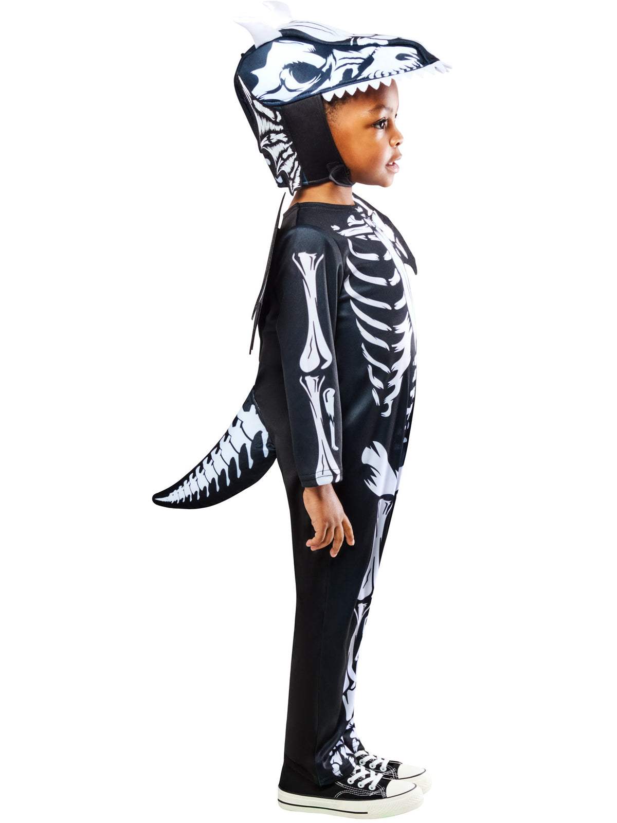 Side view of the Dragon Skeleton Costume, Child, showing the fibre-filled tail