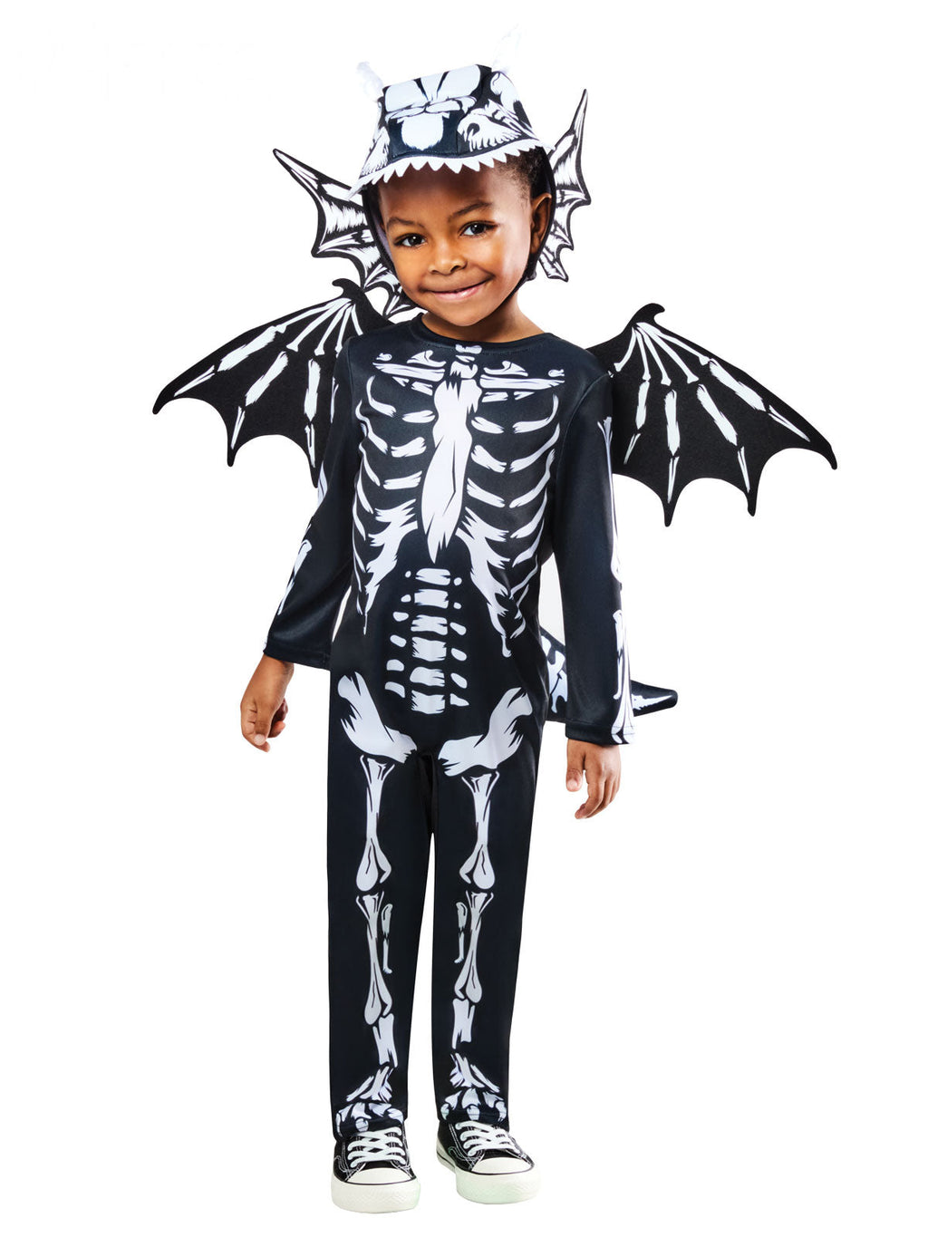 Child in a black skeleton dragon jumpsuit with gilled headpiece and black wings