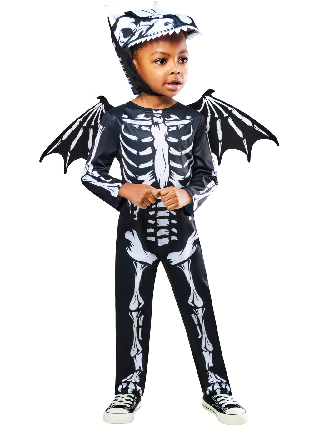 Child wearing the skeleton dragon costume with printed bones and black bat-style wings