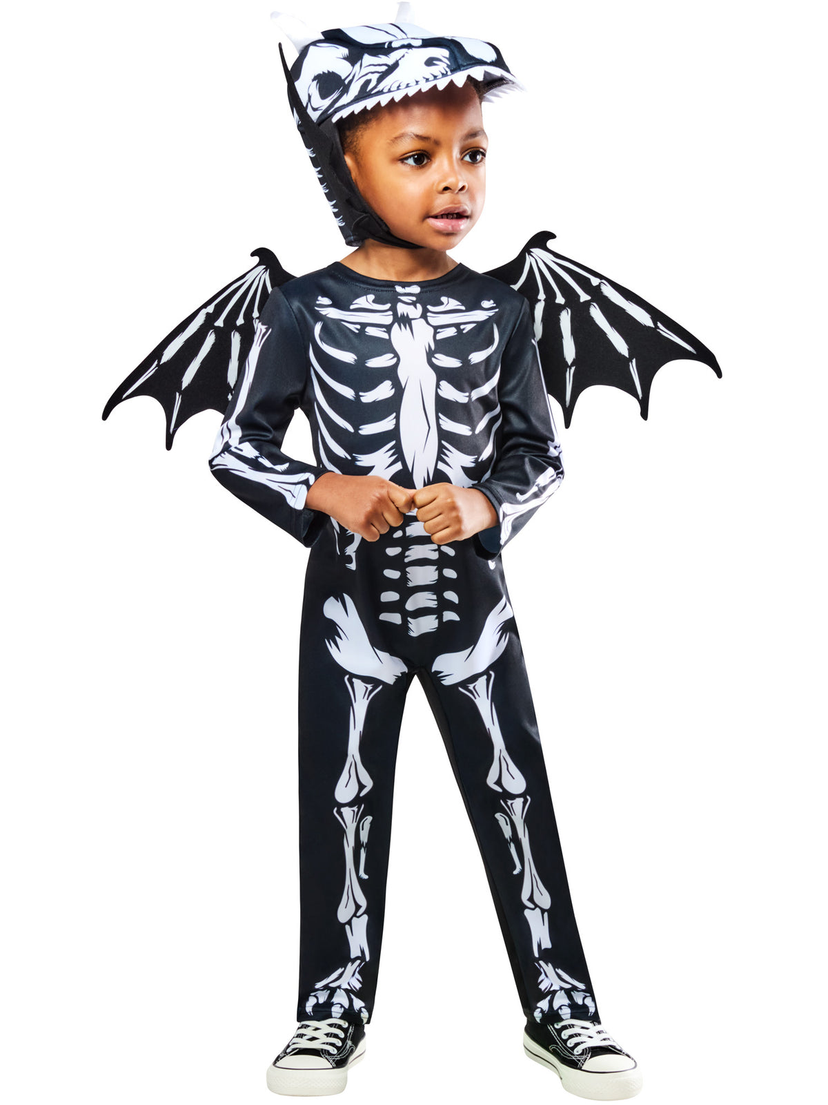 Child wearing the skeleton dragon costume with printed bones and black bat-style wings
