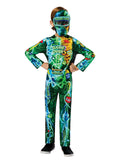 Child in a gamer skeleton jumpsuit with glow-in-the-dark video-game bones and goggle mask