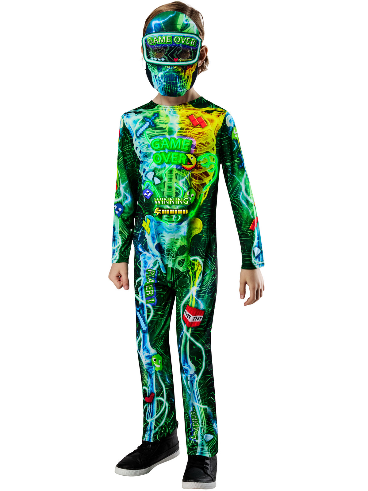 Child wearing the gamer skeleton jumpsuit and soft goggle face mask