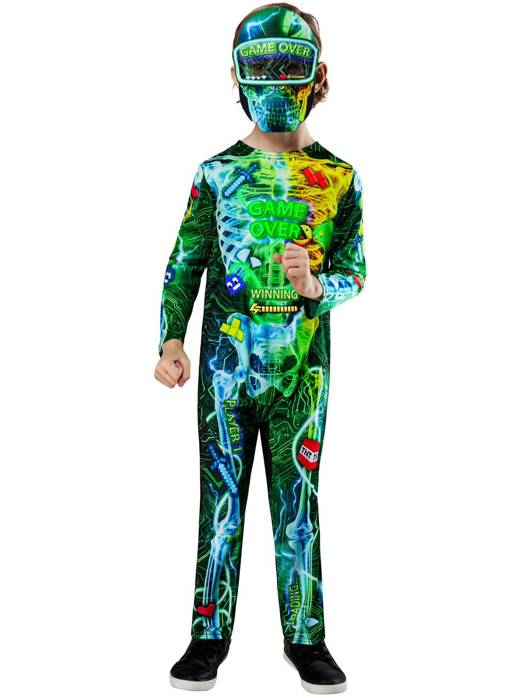 Child in the glow-in-the-dark gamer skeleton costume with colourful printed bones