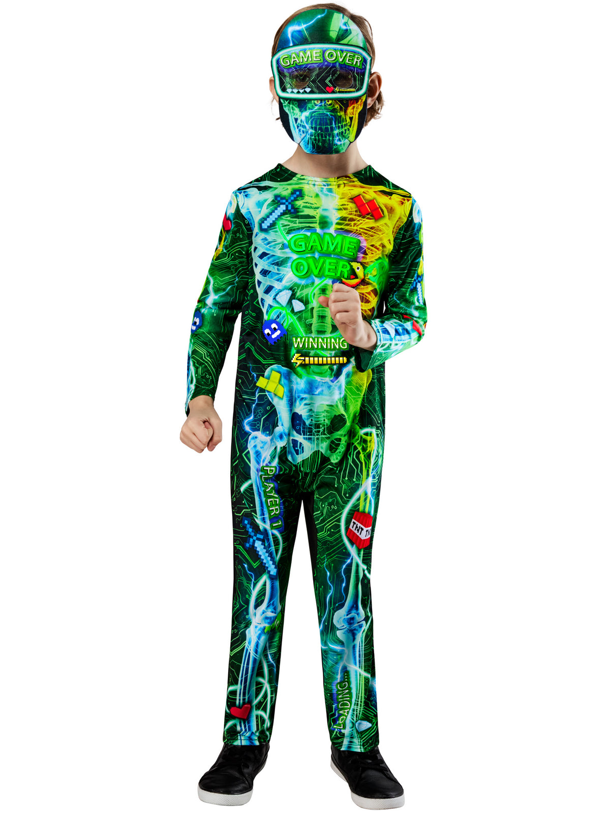 Child in the glow-in-the-dark gamer skeleton costume with colourful printed bones