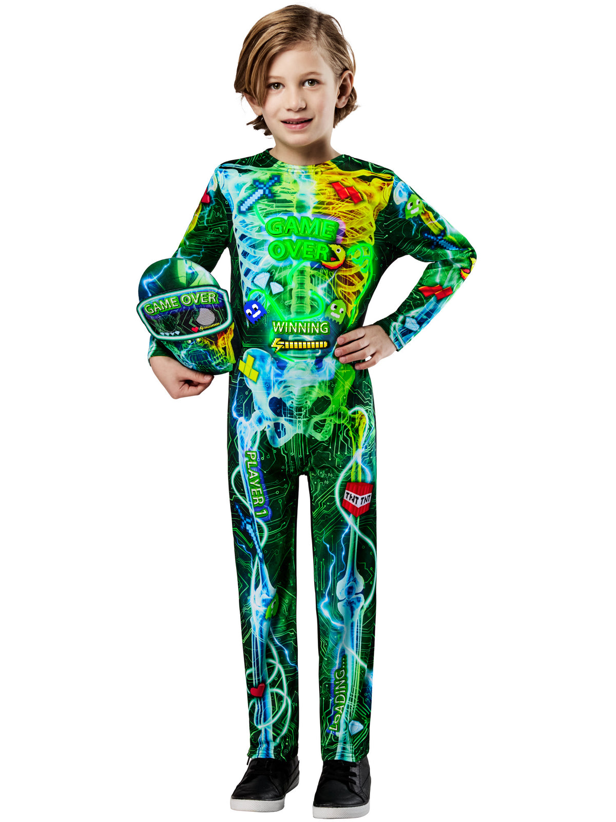 Child holding the gamer goggle mask, wearing the GAME OVER skeleton jumpsuit