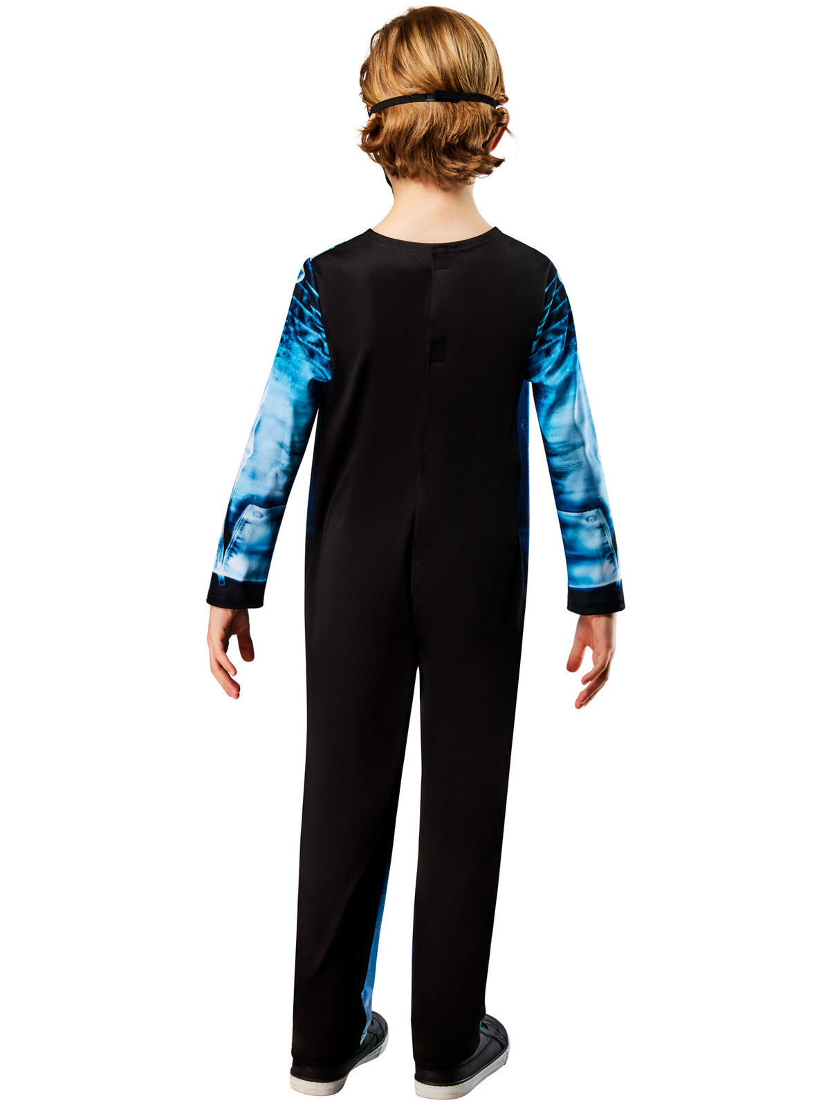 Back view of a child in the X Ray jumpsuit, with a plain black back and bone-print sleeves