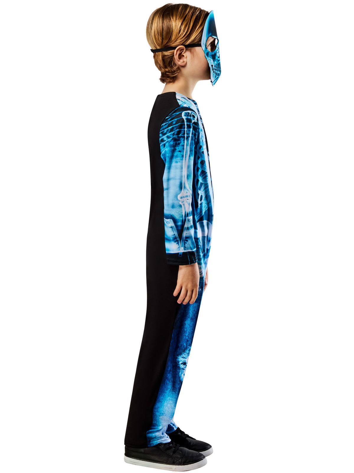 Side view of a child in the X Ray skeleton jumpsuit and face mask