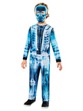 Child in the X Ray costume, a blue skeleton-print jumpsuit with matching soft face mask