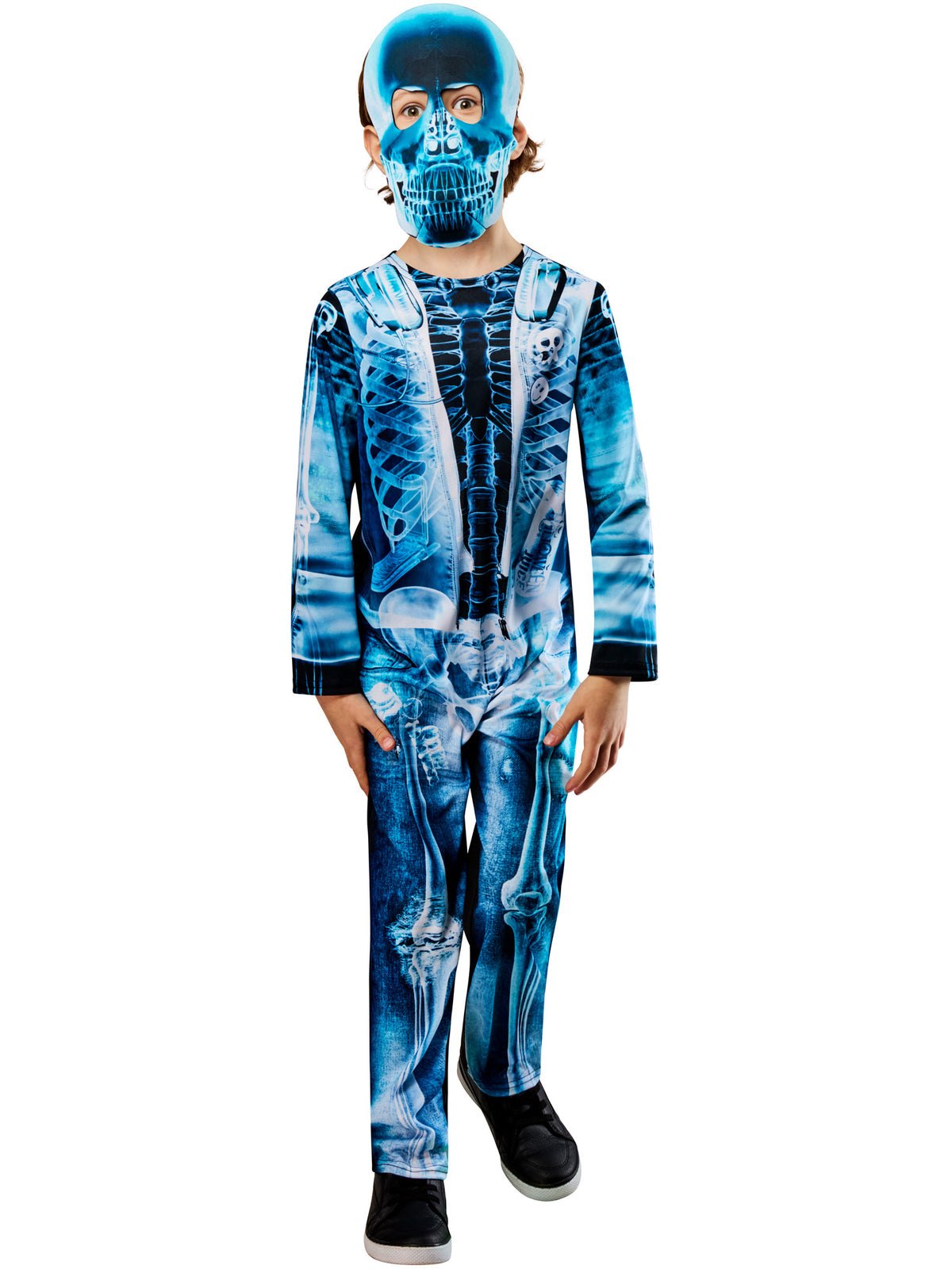 Front view of a child in the X Ray jumpsuit and skeleton face mask with colourful bones on the torso