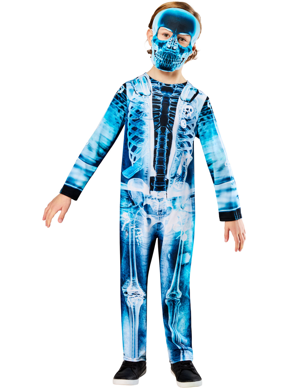 Child with arms out in the X Ray costume showing the bone print on the sleeves and legs