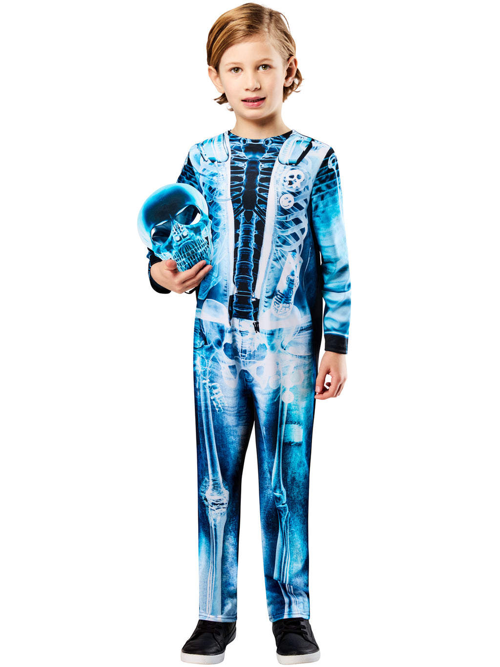 Child holding the soft X Ray skeleton face mask while wearing the bone-print jumpsuit