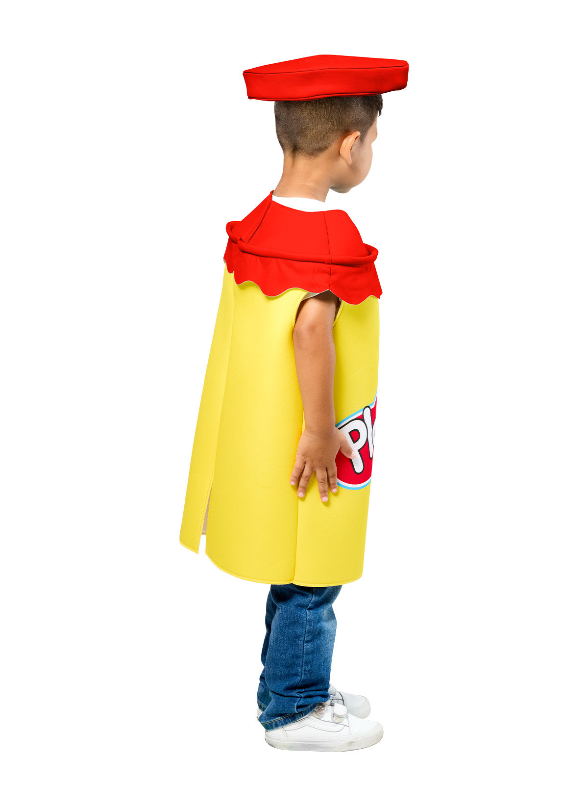 Child with arms out in the Play-Doh tabard and red lid headpiece, front view