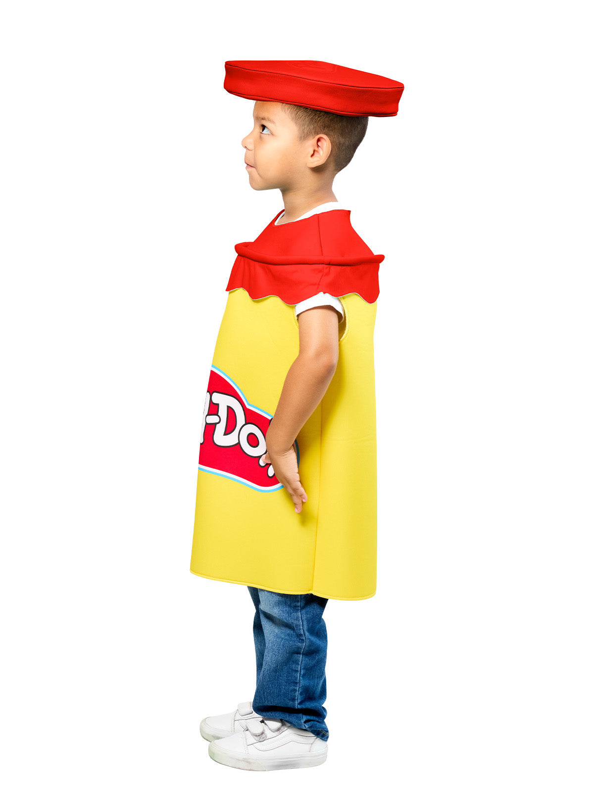 Side view of the yellow Play-Doh tabard costume with red lid headpiece