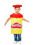 Child in the yellow Play-Doh pot tabard with red lid headpiece, worn over jeans