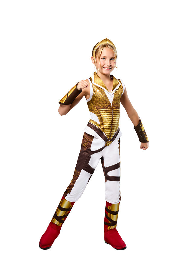 Girl wearing the Teela deluxe printed armour jumpsuit and headband
