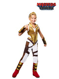 Girl in a Teela Masters of the Universe jumpsuit with printed gold armour, gauntlets and red shoe covers