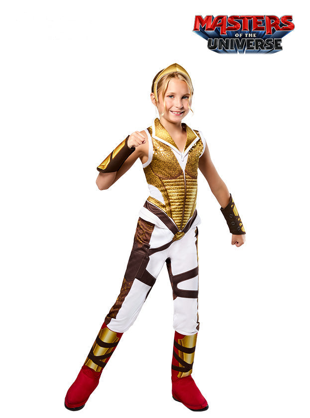 Girl in a Teela Masters of the Universe jumpsuit with printed gold armour, gauntlets and red shoe covers