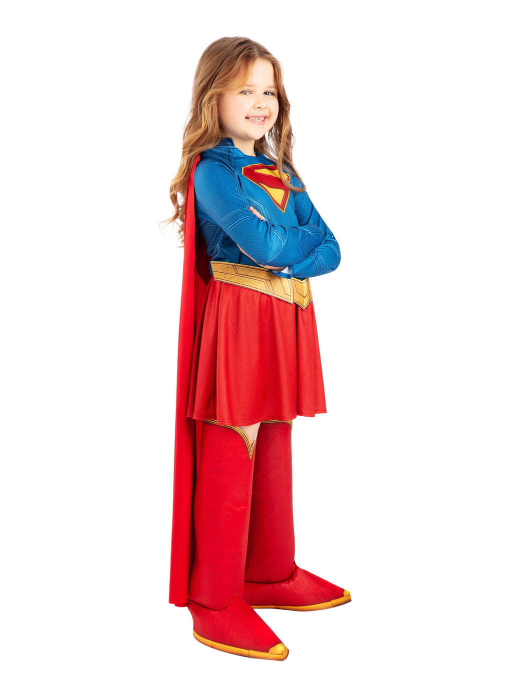 Side view of the Supergirl 2026 costume with a red tutu skirt, cape and gold-trimmed boot tops