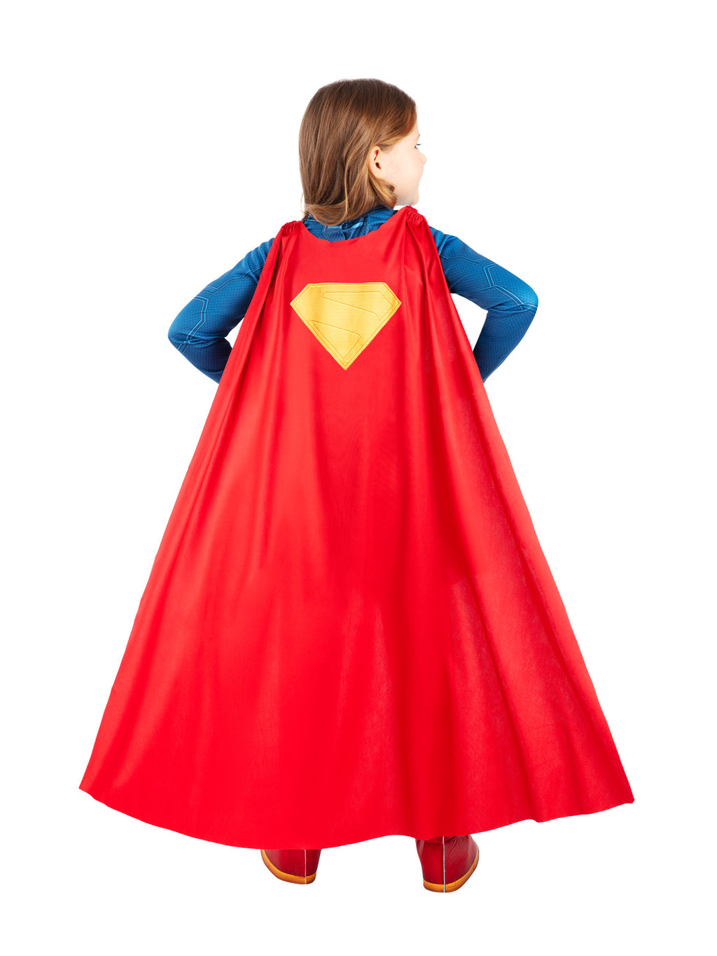 Back view of the Supergirl deluxe costume with the red cape printed with a large yellow S