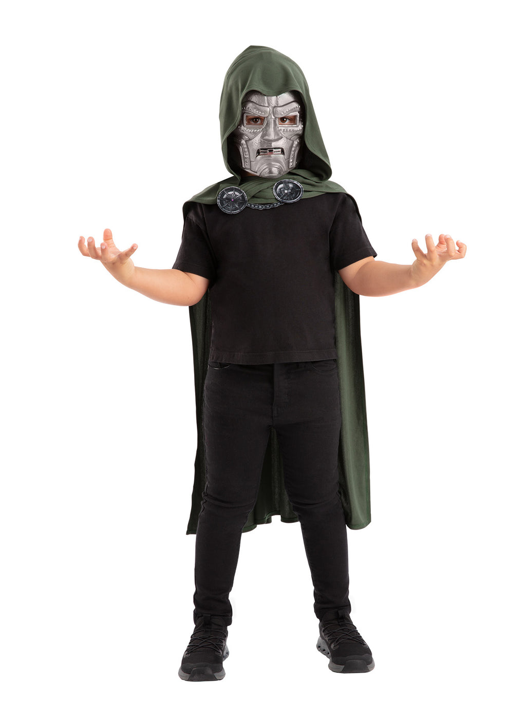 Child in the Dr Doom hooded cape and mask with arms held out