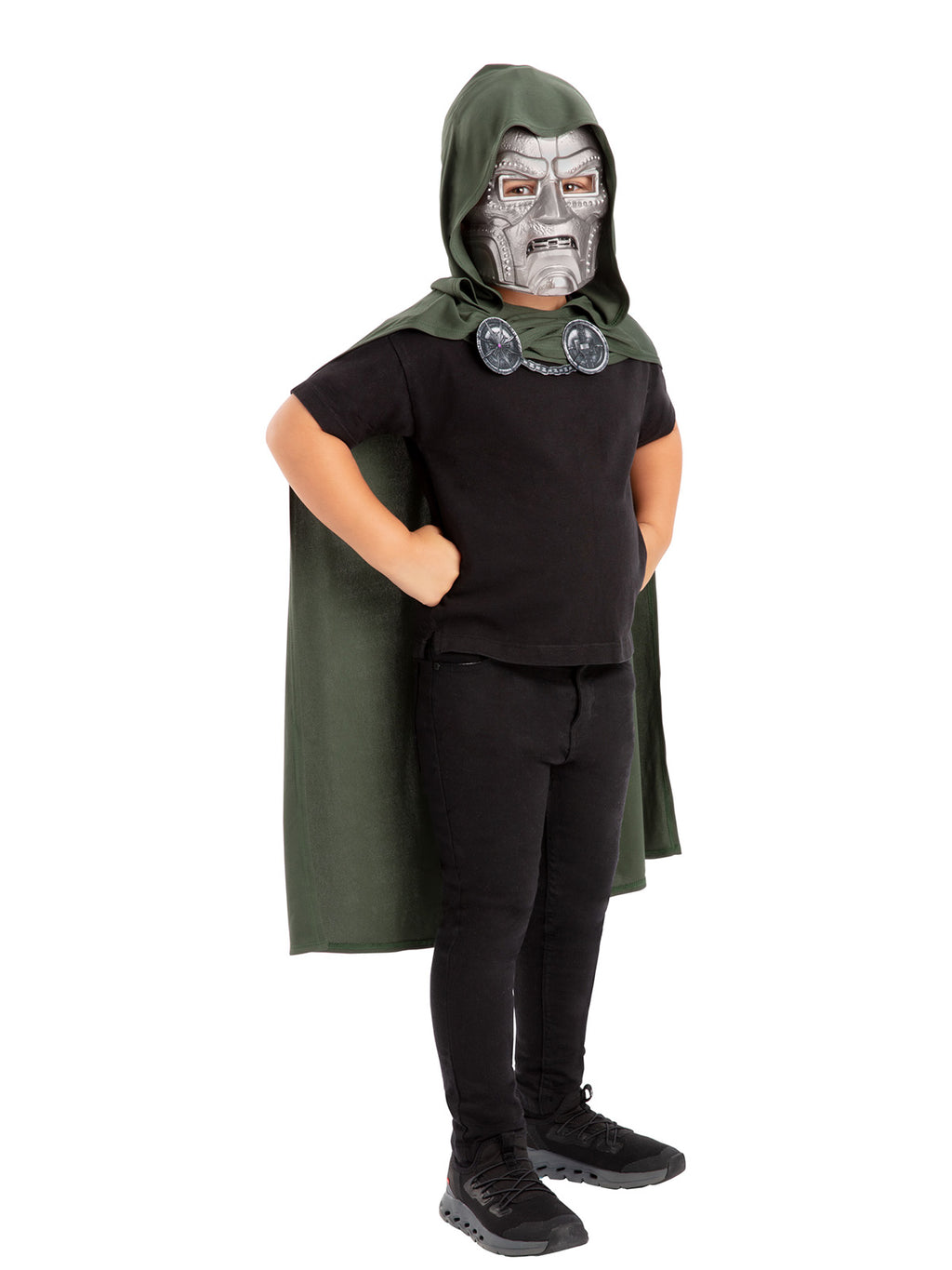 Three-quarter back view of a child wearing the Dr Doom hooded cape and mask