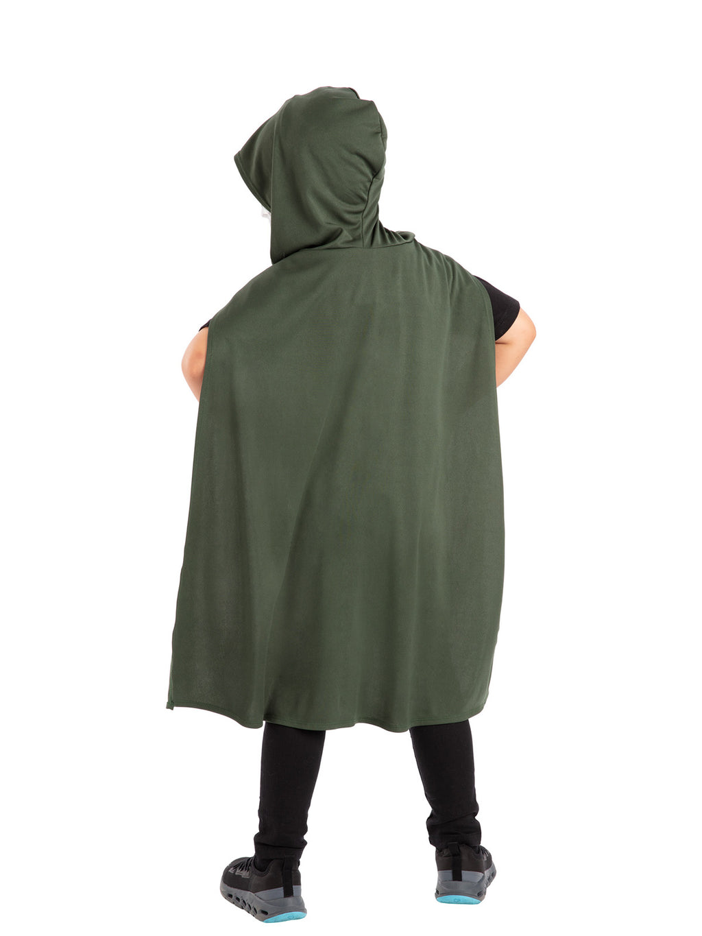 Back view of the green hooded Dr Doom cape worn by a child