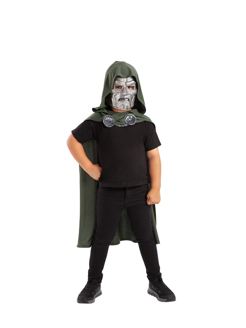 Child wearing a green hooded Dr Doom cape and metal-look mask over a black top and pants