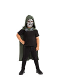 Child wearing a green hooded Dr Doom cape and metal-look mask over a black top and pants