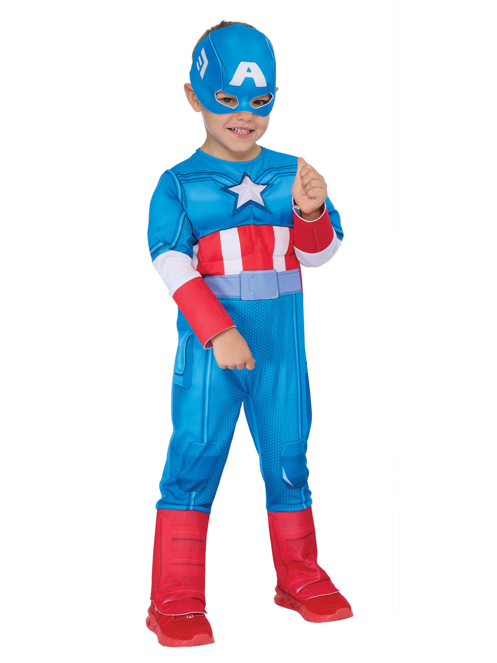 Toddler posing in the Captain America deluxe jumpsuit with muscle chest and arms
